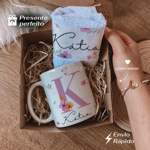Kit caneca personalizada com toalha de mão e caixa presente