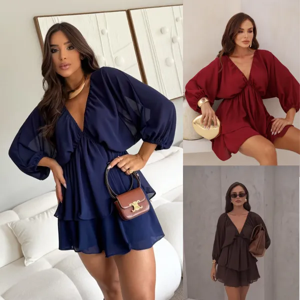 Vestido Macaquinho Feminino SOFIA Boho Chic Franzido Decote V Soltinho Manga Longa Chiffon  Verão