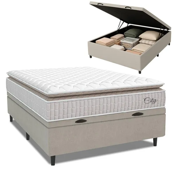 Cama Box Baú Colchão Casal Molas Ensacadas City Pillow Top 138x188x64cm Branco / Bege Hellen