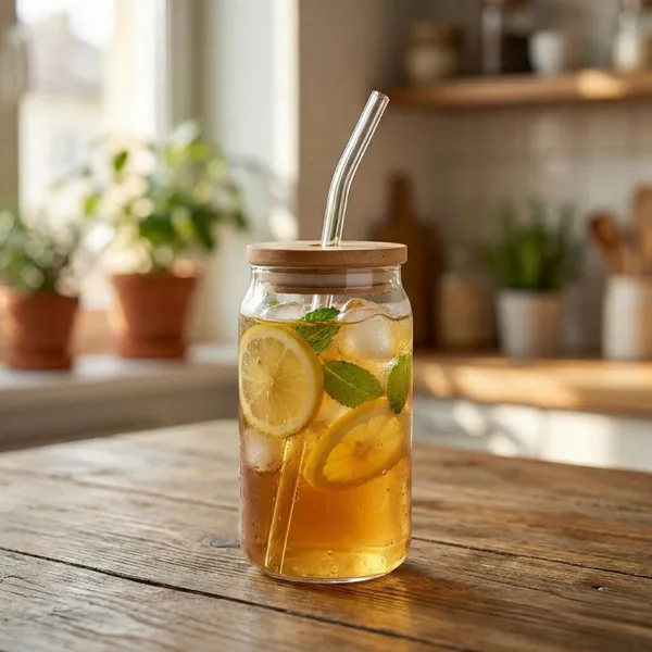 Copo de Vidro com Tampa de Bambu e Canudo de Vidro 500 ML Drinks Caipirinha Vedação Café Bebidas