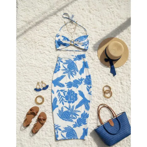 Conjunto Top e Saia Midi  VIRA VESTIDO cropped estampado inspiração Far tendência Moda VERÃO 2026