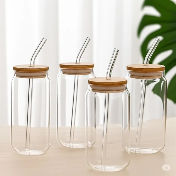 Kit Copos de Vidro com Tampa de Bambu e Canudo de Reutilizável Hermético Suco Café Transparente