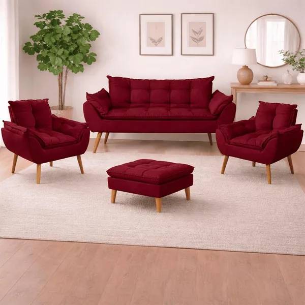 Kit 02 Poltronas + Sofá 2 lugares com Puff Opala Balaqui