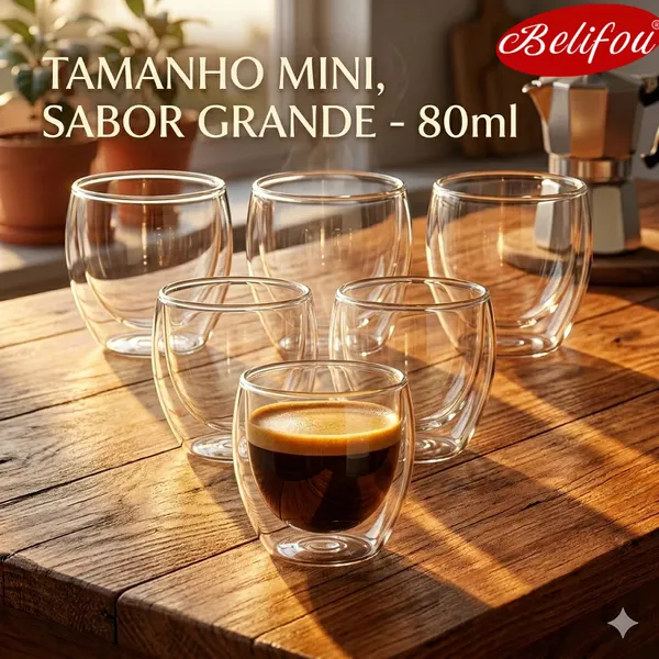 Belifou  6Pcs  Caneca De Vidro Café Dupla Isolamento Térmico 80ML