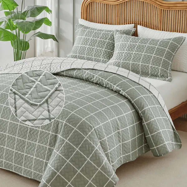 Kit Colcha Cobre Leito 300 Fios Grid 3 Pçs Itália Dupla Face Aba Americana King Queen Casal Solteiro