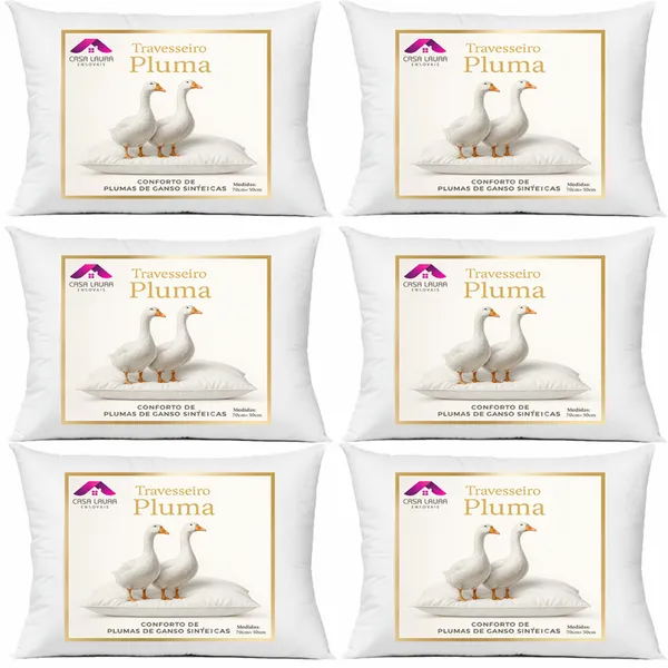 Kit 6 Travesseiro Pluma de Ganso Descanso Antiacaro 70x50cm Luxo Sintético