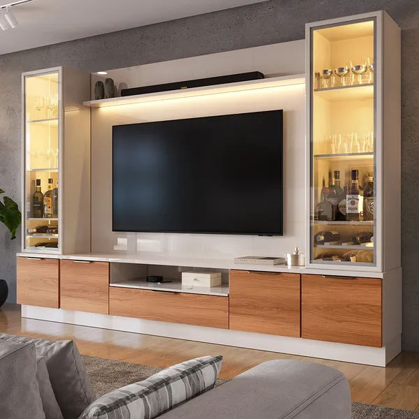 Estante Home Noble 2,70m Para TV Até 75” Com 2 Cristaleiras LED Portas Reflecta 198x270cm Sala Luxo