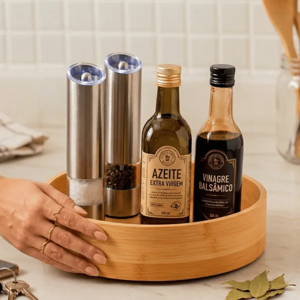 Organizador Redondo Giratório Multiuso de Bambu Organização - OU