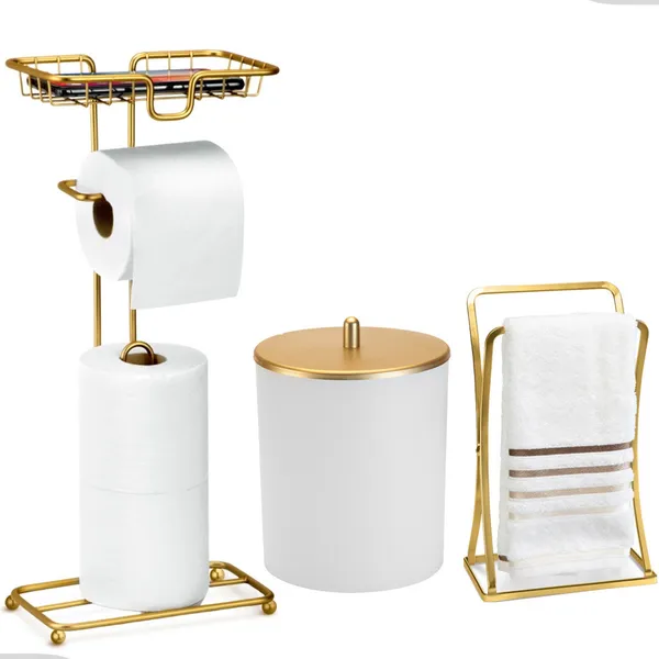 Kit Acessorios Lavabo Banheiro Toalha Rosto Porta Papeleira E Celular Luxo Dourado Arthi