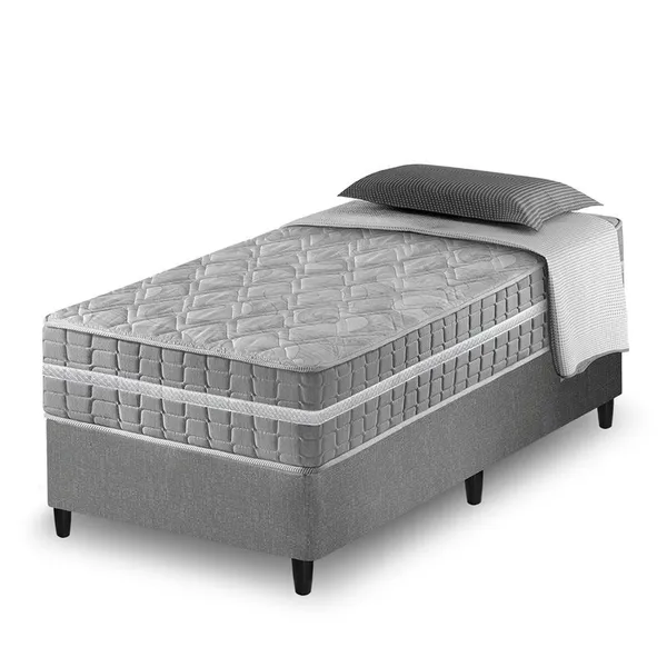 Cama Box Solteiro King Cinza + Colchão Molas Ensacadas Zidi Alabama 96x203x61cm