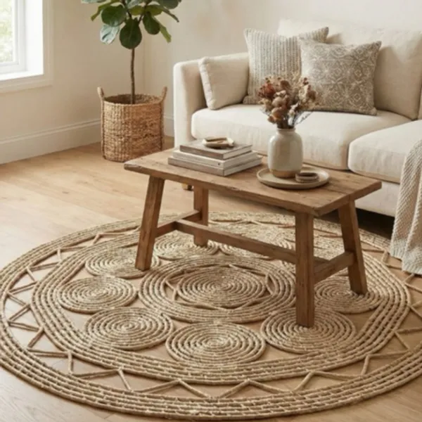 Tapete Artesanal Redondo de Palha Carnaúba  Decoração Natural e  Sustentável para Casa