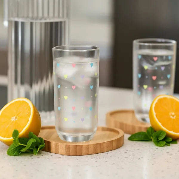 Conjunto Copos de Vidro 240ml Coração Decorado Kit 12,06,03 Unidades Luxo / Ideal para Presente