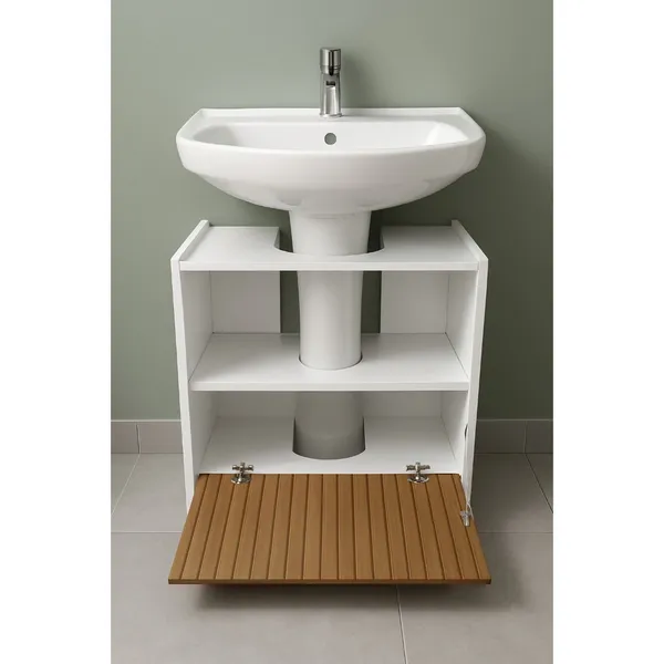 Gabinete Coluna para Pia de banheiro 1 Porta e com Prateleira Organizadora Branco Ripado