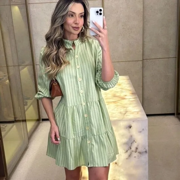 vestido chemise feminino Linho Premium com Botões a manca longa look tendência verão 2026