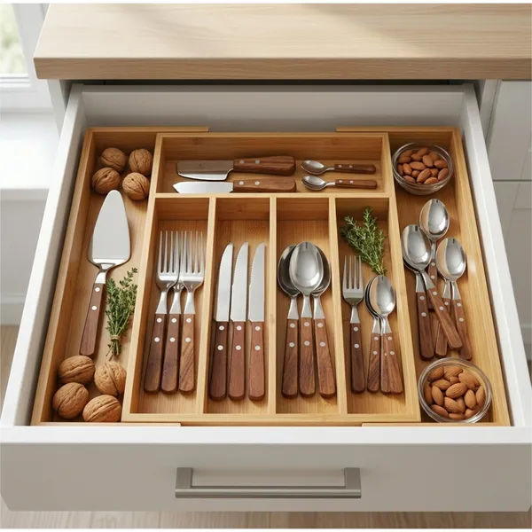 Organizador De Talheres Gaveta Bambu Extensível 7 Divisórias