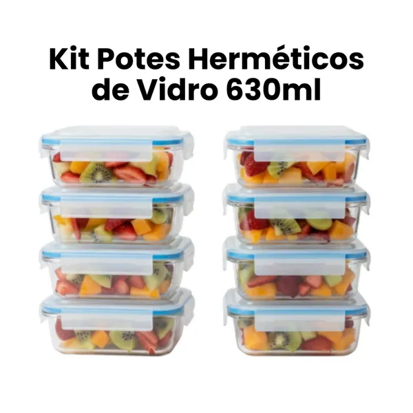 Kit Potes Herméticos Marmita de Vidro 630ml 6 a 10 Unidades com Vedação Antivazamento