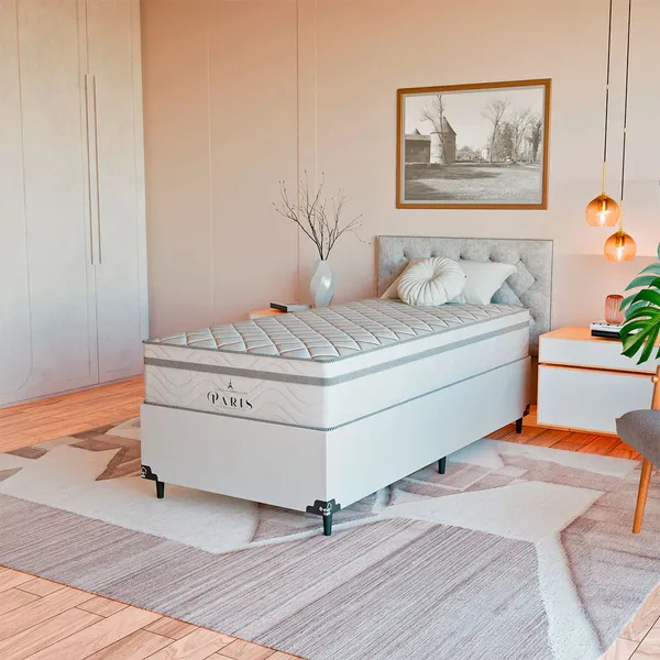 Cama Box Solteiro + Colchão Paris Molas Ensacadas Branco