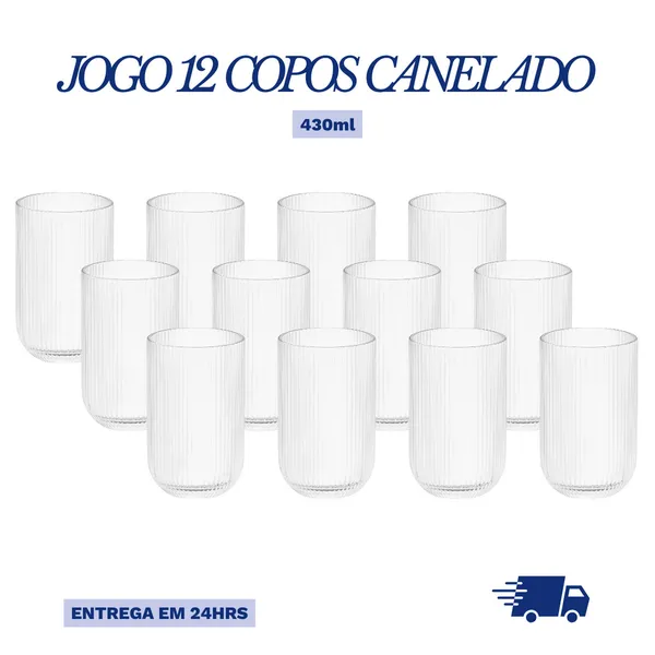 Jogo de 12 Copos Vidro Canelado 430ml Transparente Frisado Elegante e Resistente Taça Água Suco