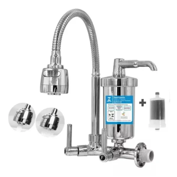 Torneira Cromada Com filtro de parede - Torneira Prateada para cozinha  com filtro + 1 REFIL