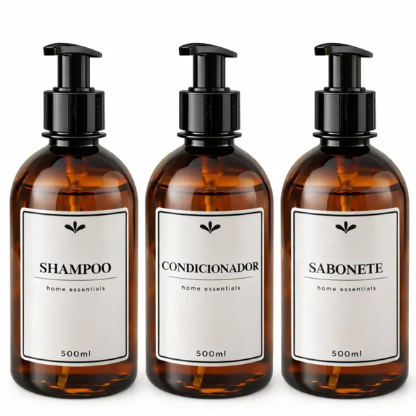 Frascos para shampoo, condicionador e sabonete 500ml âmbar kit para banheiro