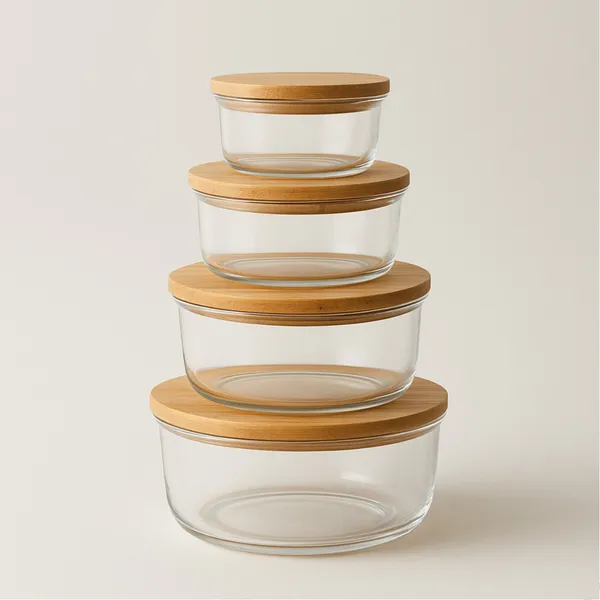 Kit 4 Pote Hermetico De Vidro Tampa De Bambu Tigela Marmita Salada Jogo De Potes De Mantimentos