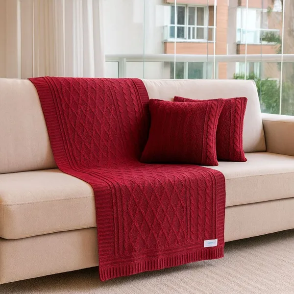 Kit Manta Tricot Californian Style Luxo 3D tranças + 2 capas de almofada