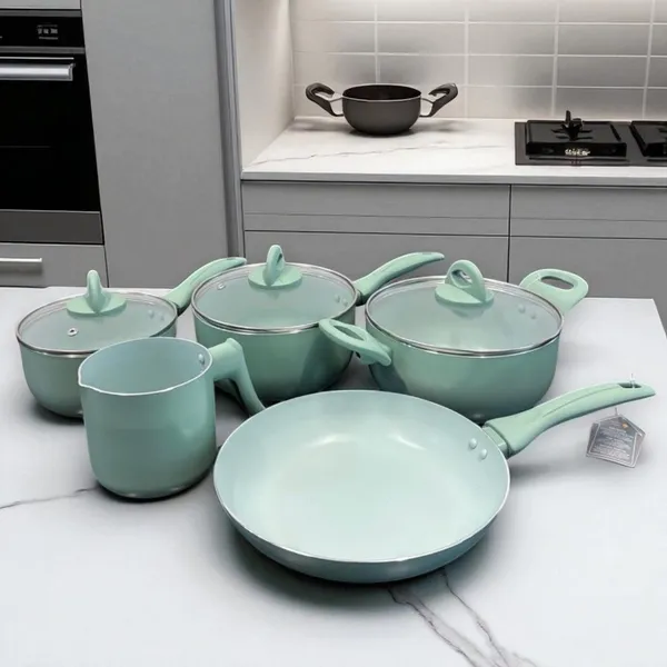 Jogo de panelas antiaderente 13 peças, cerâmica mármore, verde