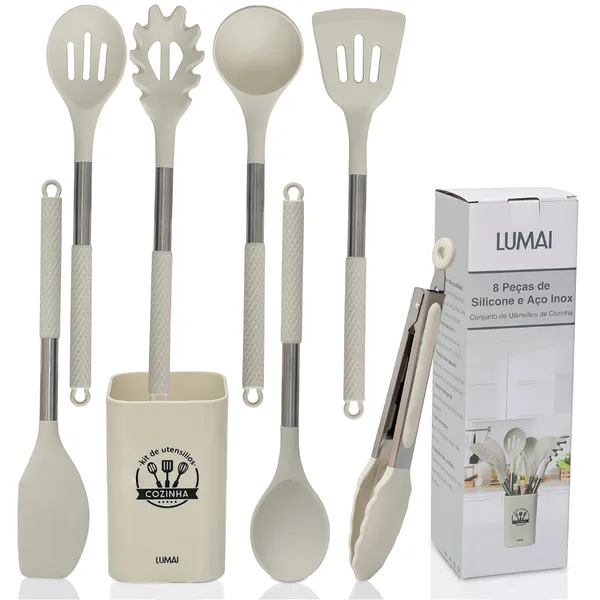 Kit 8 utensílios de cozinha de silicone e aço inox