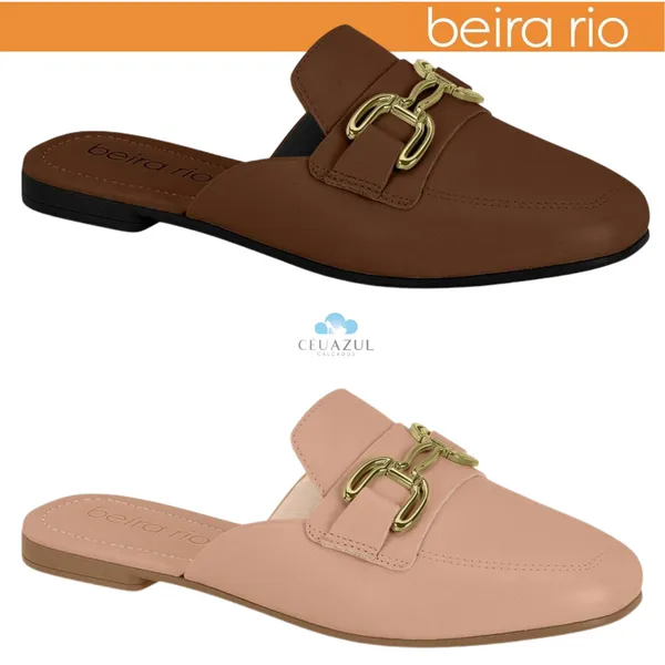 Mule Feminino Beira Rio Bico Quadrado Trabalho Chique Conforto Fivela Dourada