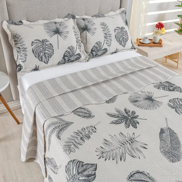 Kit Cobre Leito Colcha King Bouti 3 Peças Dupla Face Estampada Porta Travesseiro Aba Americana