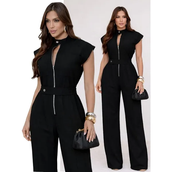 Macacão Feminino Cargo Longo Com Ziper Frontal Alfaiataria Elegante