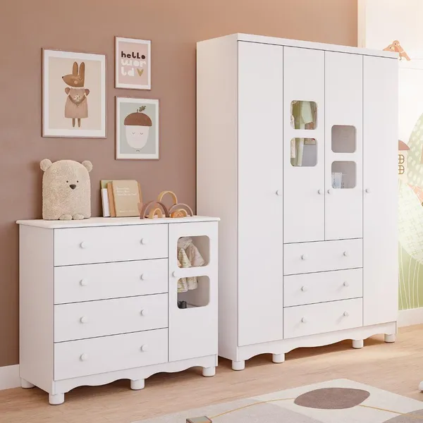 Quarto de Bebê Completo com Guarda Roupa Uli 4 Portas Cômoda Uli 4 Gavetas 100% MDF Faura