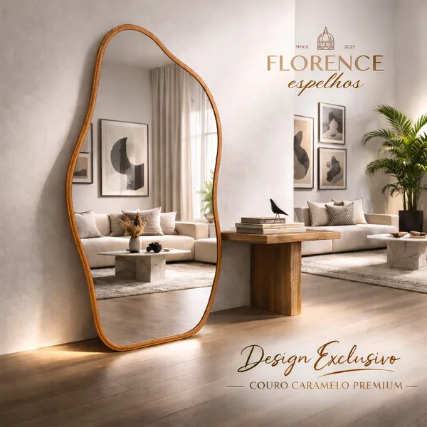 Espelho Orgânico 120x50 e 80x40Com Moldura EM COURO Corpo Inteiro Morderno Luxo