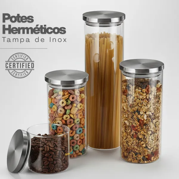 Porta Mantimento De Vidro Herméticos Kit Com 4 Potes Tampa De Inox