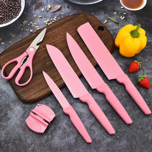 Conjunto de Facas Inox 6​ Peças Rosa - Inclui Faca Chef, Carne, Santoku, Legumes, Amolador e Tesoura