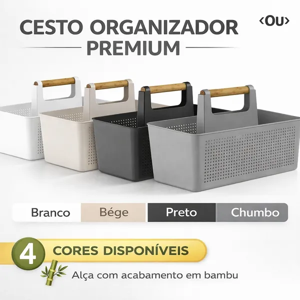Cesto Organizador Multiuso 8L Flow Com Alça Bambu Lavanderia Limpeza Armário Cozinha Plástico