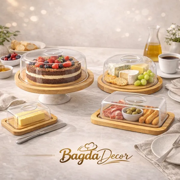 Kit Mesa Posta 4 Peças: Boleira 28cm + Queijeiras + Manteigueira Base Bambu ABS