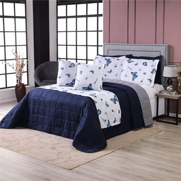 Kit Cobre Leito Colcha Casal Queen King 10 Peças Primor Dupla Face Percal 180 Fios