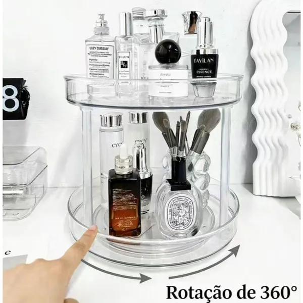 Um giro e pronto, penteadeira organizada! Caixa organizadora giratória 360°.