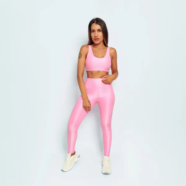 Conjunto Top Regata Shine + Legging Cintura Alta Feminino Micro Canelado Abertura Bojo para treinos