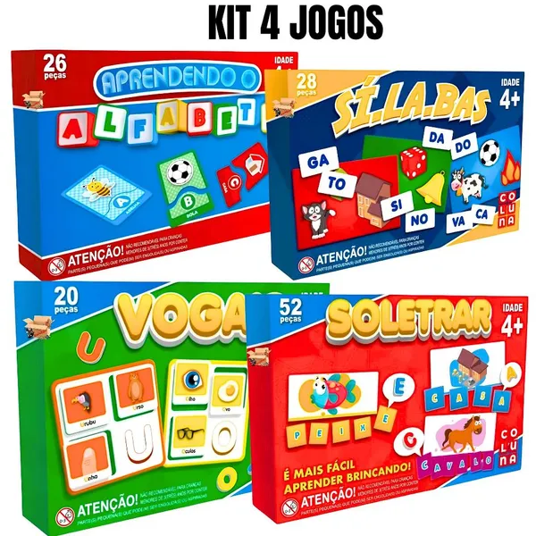 Kit Brinquedo Pedagógico Educativo 4 Jogos Vogais + Sílabas + Soletrar + Alfabeto - Pais E Filhos