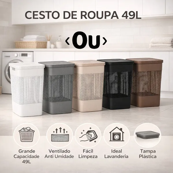 Cesto Roupas 49L Tampa Bambu Plastico Grid Organizador Lavanderia Grande Resistente OU