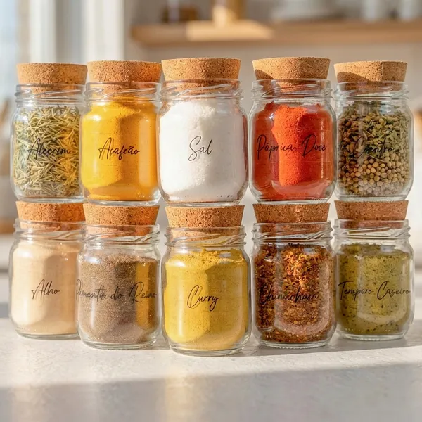 Potes de Tempero 200ml - Porta Temperos - Cartela de Temperos com 28 Adesivos Opcional - Cozinha - Variações