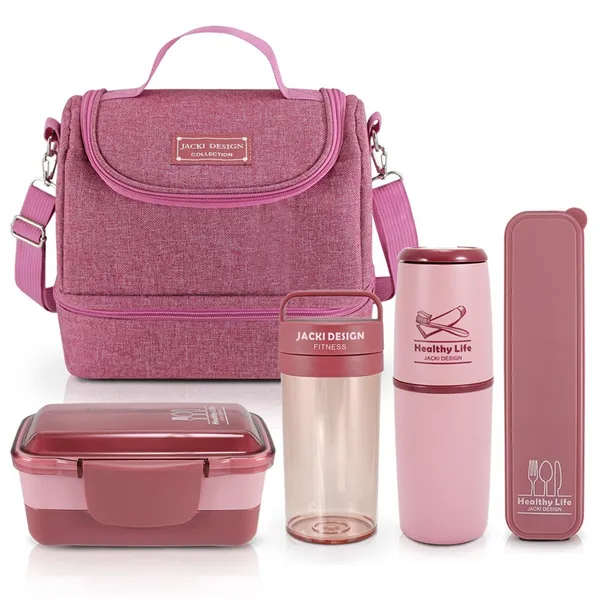 Kit de Bolsa Térmica c/ 2 Compartimentos, Copo e Marmita, Porta Talher e Porta Escova