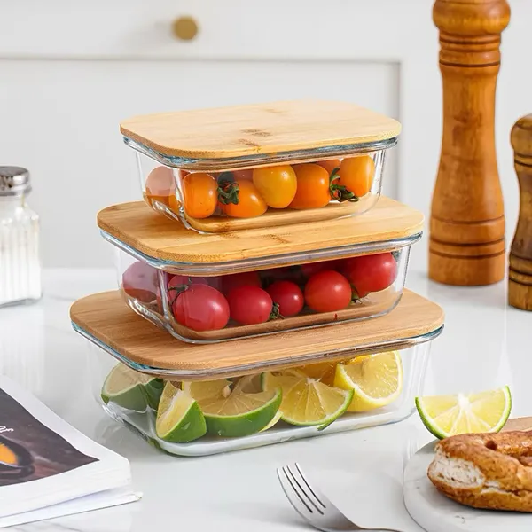 Kit 3 Potes de Vidro Com Tampa de Bambu  Organizador de Geladeira Marmita Forno Microondas e Freezer- envio rápido