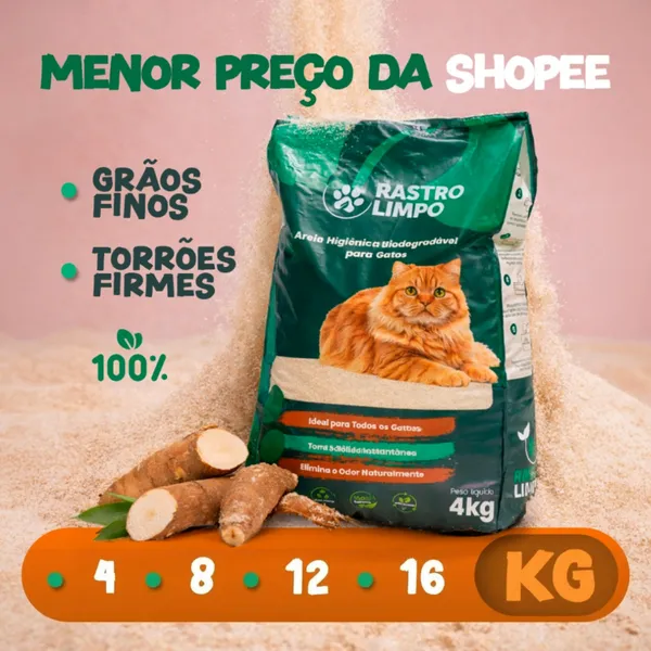Areia 4 a 16 Kg Biodegradável Grãos Finos Rastro Limpo Premium Torrões Firmes para Gatos