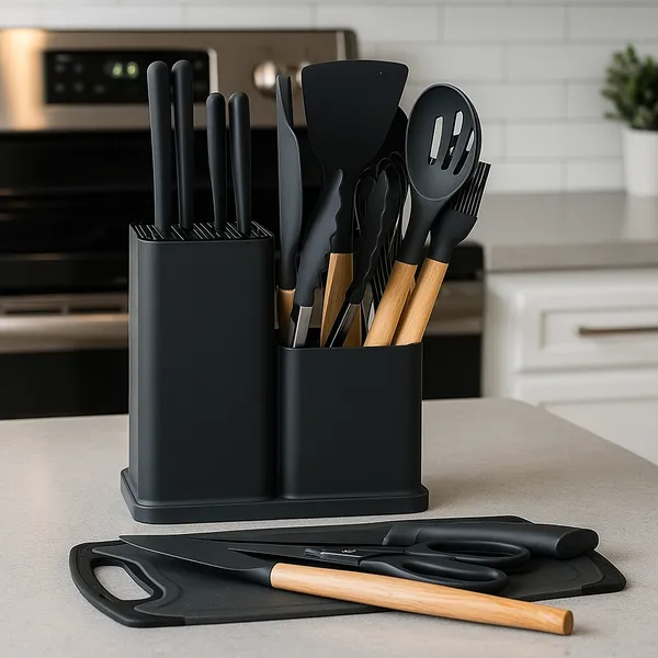 Kit Cozinha 19 Peças Silicone Antiaderente Facas Inox Madeira com Suporte