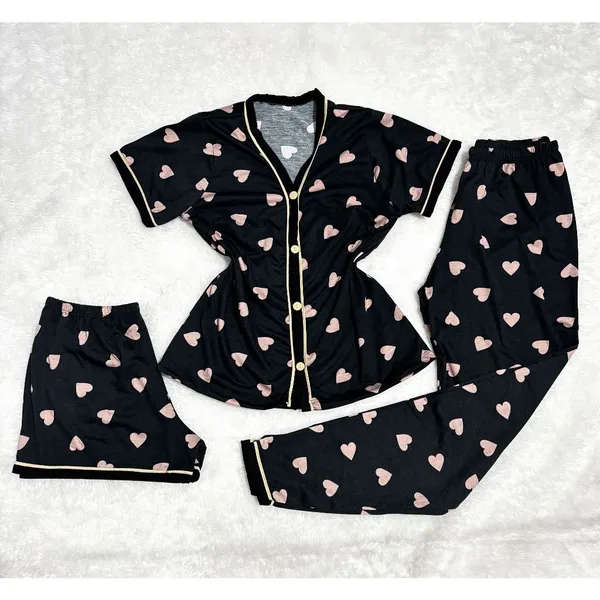 Kit 3 Peças Pijama Feminino Americano Camisa+ short +calça Com abertura com Botões Malha Amamentação