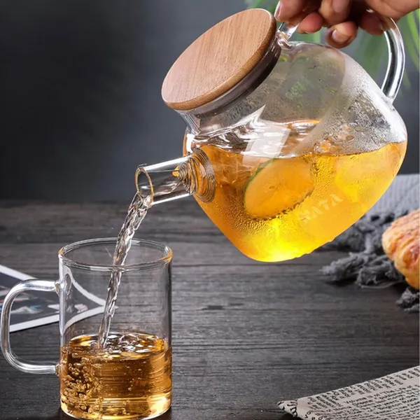 Chaleira de Vidro 1L com Tampa de Bambu e Filtro