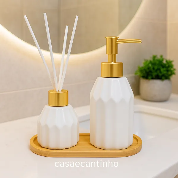 Kit Banheiro Lavabo Porta Sabonete liquido Dispenser Porta Escova Cerâmica/Porcelana Banheiro
